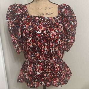 Indigo Blue Floral Print Puff Sleeve Peplum Blouse